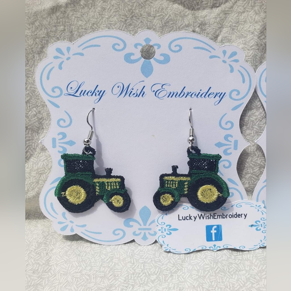 New! Handmade Embroidered John Deere Tractor Earrings Farm Country